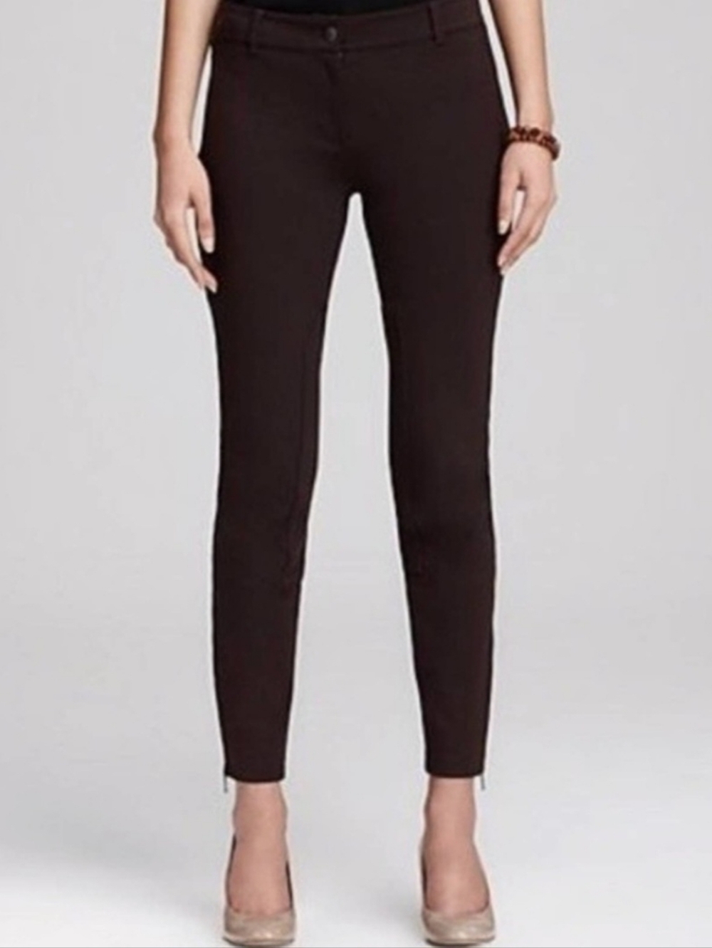 EILEEN FISHER Stretch Riding Pants Women's M Dark Brown Zip Ankle Patch Leg